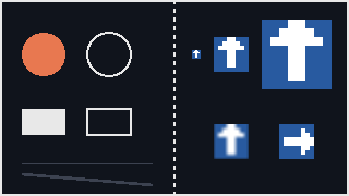 The court with the shapes on the left, and on the right a small blue square with a white up arrow in it, the same at four times and at eight times with crisp square pixels, then below them the four-times arrow with soft blurred edges, and beside it the four-times arrow turned to point right.