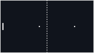 The court with the paddle at the left in its middle position and two small white squares to its right, level with its centre, one near the middle of the court and one further along.
