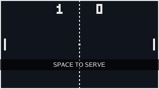 The court with 1 and 0 at the top, the paddles centred, the ball back in the middle, and the band reading SPACE TO SERVE; the title is gone.