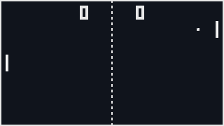 The court with 0 and 0 at the top, the ball high in the right half heading for the right paddle, which has climbed to meet it, and the left paddle a little above centre.