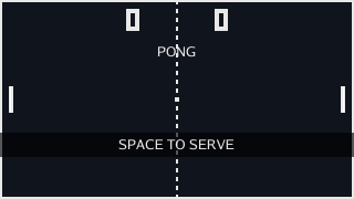 The court with 0 and 0 in big digits at the top of each half, PONG in small letters above the middle, both paddles centred, the ball at rest in the middle, and a dark band across the lower part reading SPACE TO SERVE.