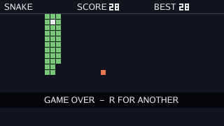 The same game-over picture, with BEST 28 in the strip beside SCORE 28.