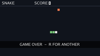 The grid with SCORE 0, the three-cell snake still in the middle where it started, and the GAME OVER band across the lower grid.
