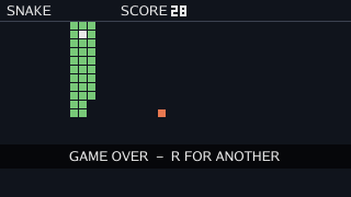 The grid with SCORE 28 in the strip, a long green snake folded into a tight block in the upper left with its white head boxed in, an orange food below, and a dark band reading GAME OVER - R FOR ANOTHER across the lower grid.
