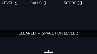 The field with LEVEL 1, BALLS 3 and SCORE 63 in the strip, no bricks, the ball back on the paddle, and a band reading CLEARED - SPACE FOR LEVEL 2.