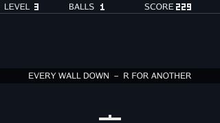 The field with LEVEL 3, BALLS 1 and SCORE 229 in the strip, no bricks, and a band reading EVERY WALL DOWN - R FOR ANOTHER.