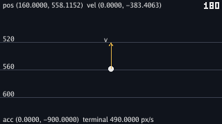 Rulings labelled 520, 560 and 600 with the ball just above the 560 ruling and a gold velocity arrow pointing upward from it, about forty pixels long. The top line reads pos (160.0000, 558.1152) vel (0.0000, -383.4063), the bottom acc (0.0000, -900.0000) terminal 490.0000 px/s, and the tick count reads 180.