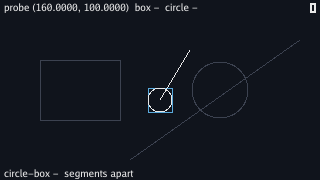 A dim rectangle on the left, a dim circle on the right, and a dim diagonal line running from the lower middle to the upper right. In the middle, a small white circle inside a blue square, with a white line rising from its centre up and to the right. Nothing is drawn in gold. The top line reads probe (160.0000, 100.0000) box - circle - and the bottom circle-box - segments apart.