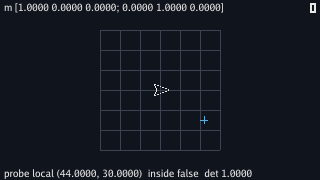 A grid of dim twenty-pixel squares centred on the picture, with the small white outline of the ship at its centre pointing right, and a small blue cross to the lower right of the ship. The top line reads m [1.0000 0.0000 0.0000; 0.0000 1.0000 0.0000] and the bottom probe local (44.0000, 30.0000) inside false det 1.0000.