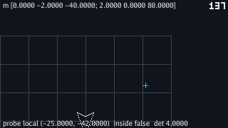 The forty-pixel grid has slid up and to the left so that its lines no longer pass through the middle of the picture, the blue cross sits on empty grid, and the ship's outline is at the bottom edge of the picture, white, with its nose cut off below the bottom line. The top line reads m [0.0000 -2.0000 -40.0000; 2.0000 0.0000 80.0000] and the bottom probe local (-25.0000, -42.0000) inside false det 4.0000.