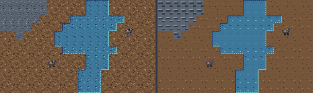 Two copies of one authored terrain layout, separated by a narrow gap. Left: the current densely marked soil and small stone ledges. Right: quieter soil and broader stone ledges. Both have the same winding pond and the same two walkers in matching positions.